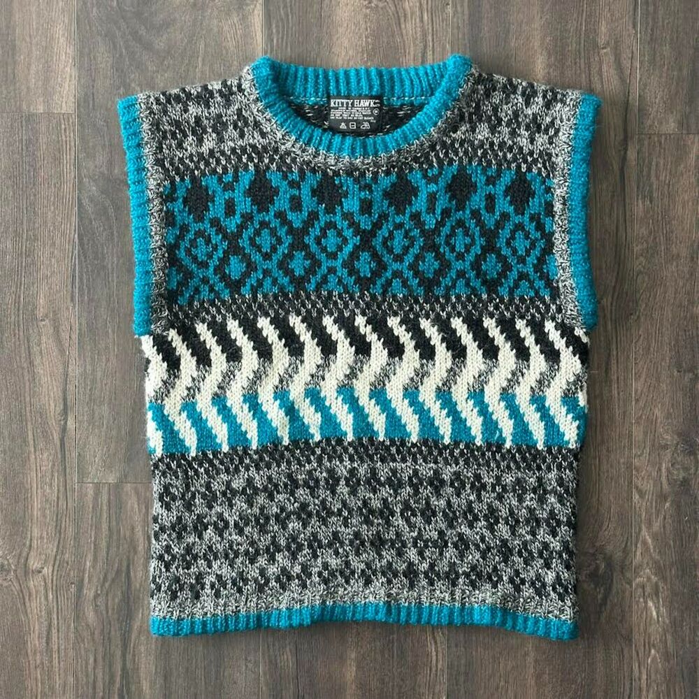 Vtg Kitty Hawk Knit Sweater Vest Sleeveless Chunky Pattern Wool Blend Sz Medium